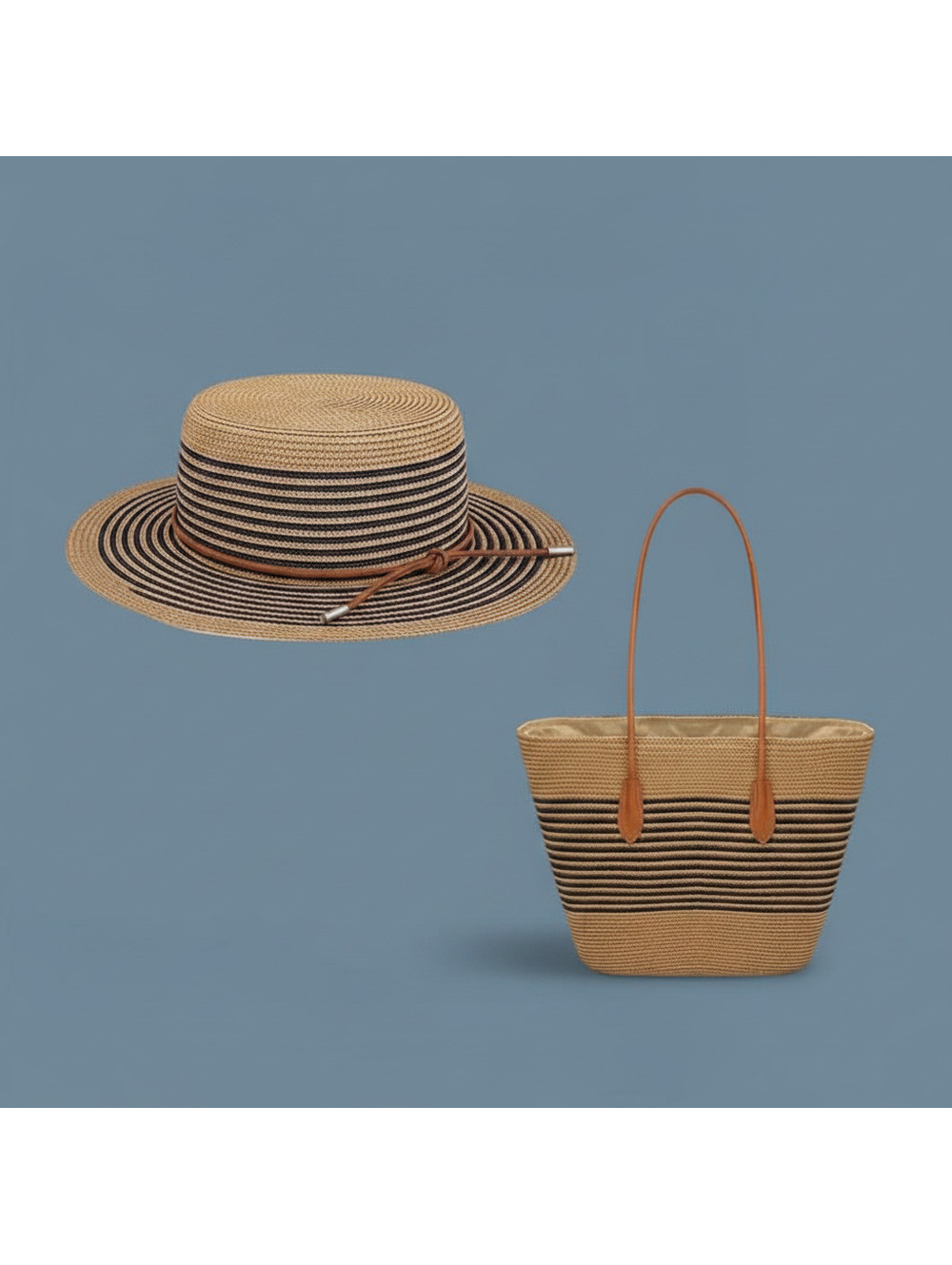 Beach Striped Straw Hat & Straw Tote Combo Set - Picture 1 of 3